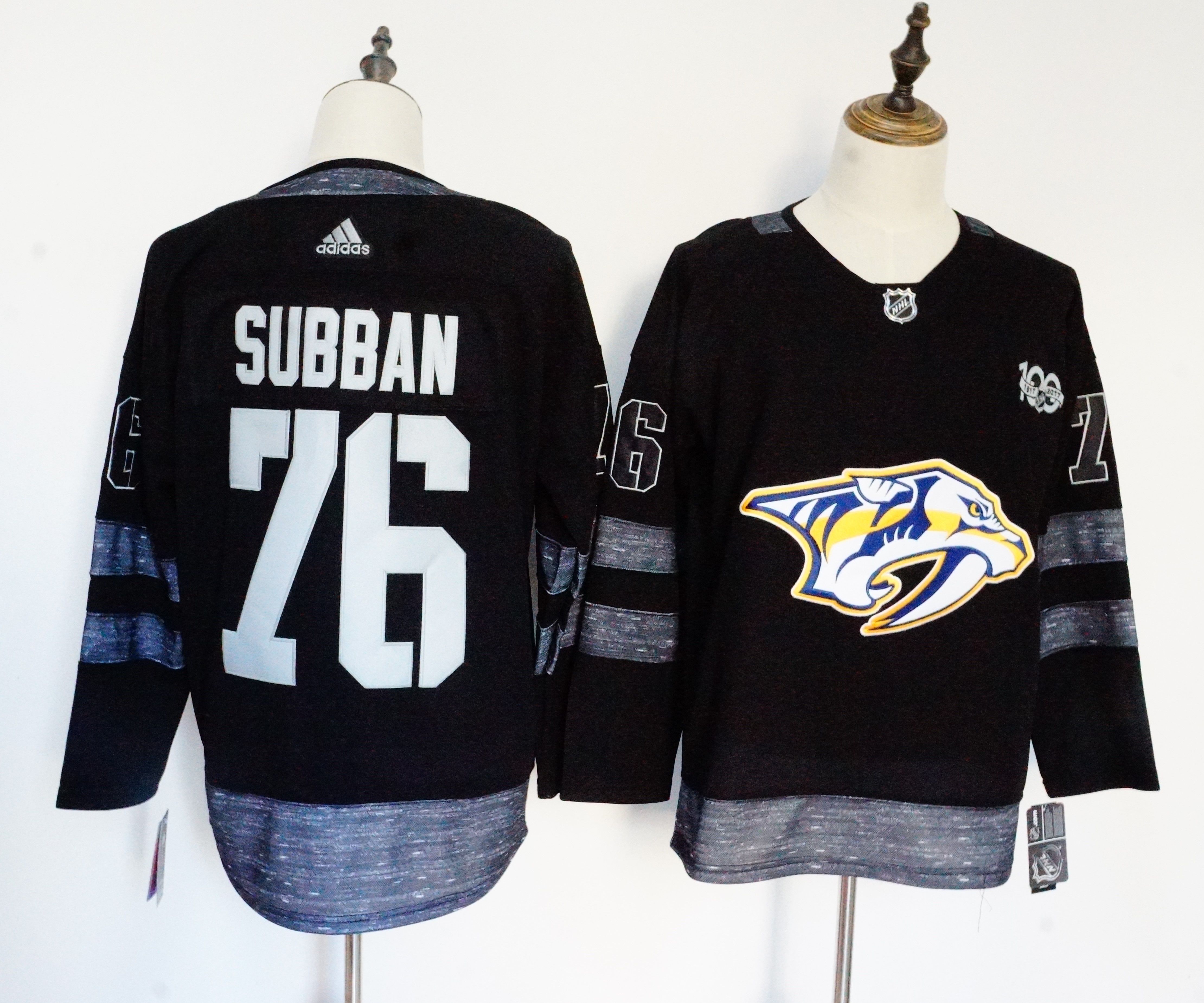 Men Nashville Predators #76 Subban Black 100th Anniversary Stitched Adidas NHL Jerseys->chicago blackhawks->NHL Jersey